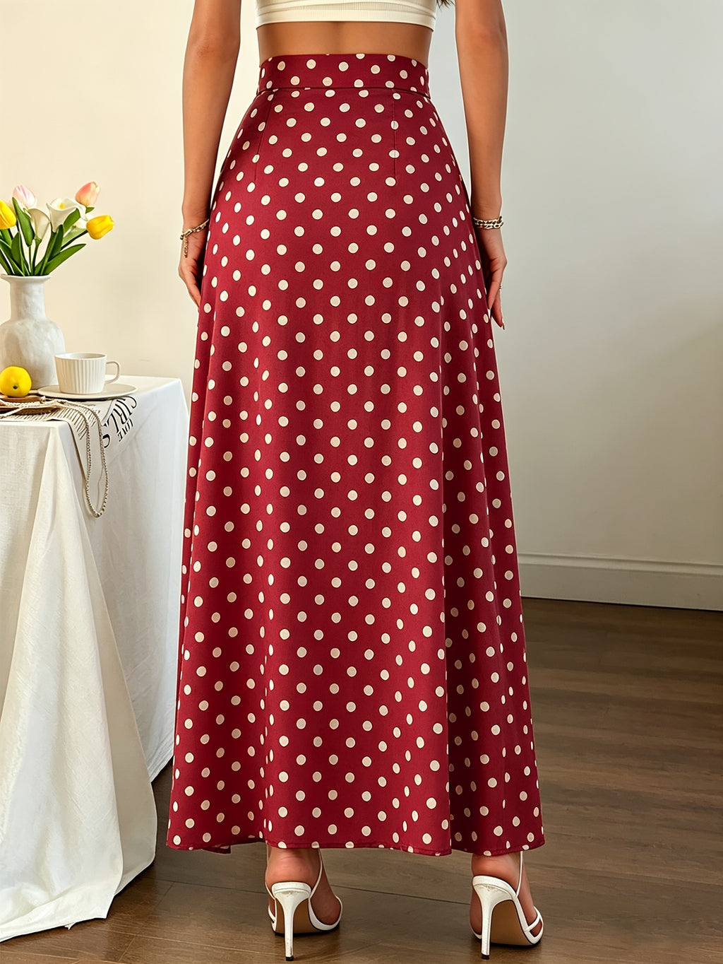 Polka Dot Print High Waist Side Slit Long Skirt - Red