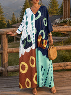 Plus Size - Vacation Style Color-Block Printed V-Neck Dress, Women'S Plus Size Loose Body-Covering Beach Maxi Skirt for Summer Outings - Polychrome