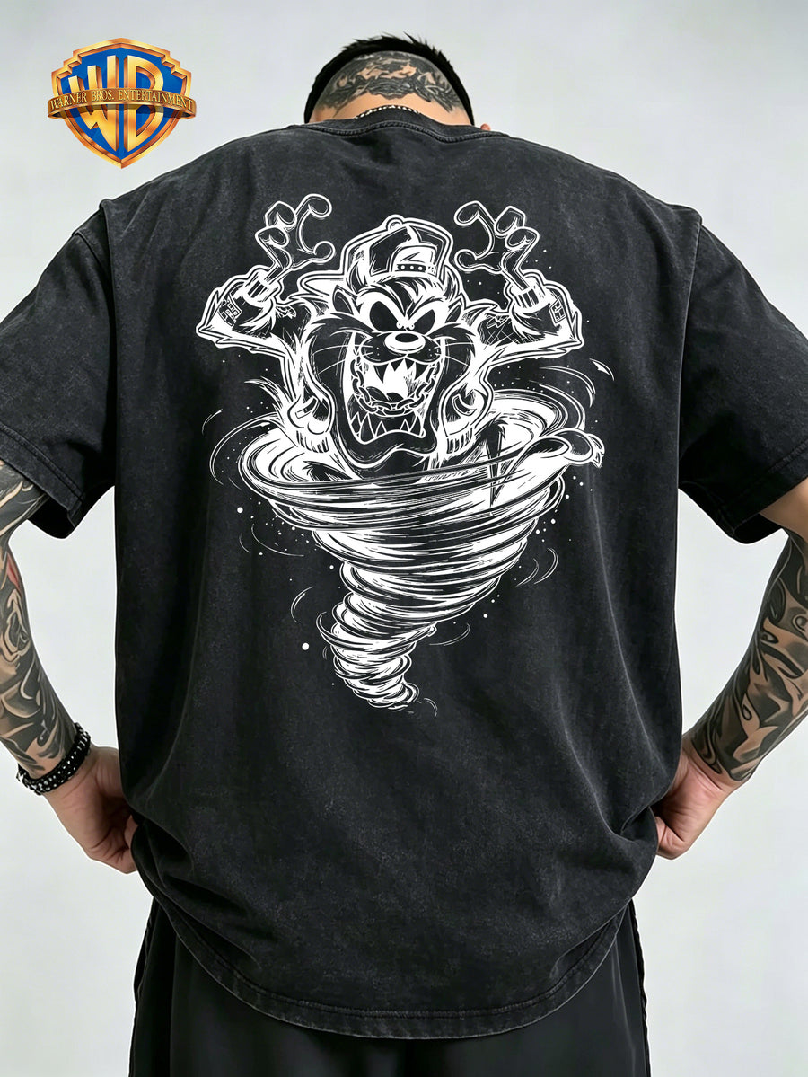 Whirlpool Mouth Monster Print Washed T-Shirt, Men'S 100% Fabric, Casual Comfortable Style, Loose Fit Breathable Short Sleeve Men'S Casual Top, Distressed Washed Loose Fit - Black