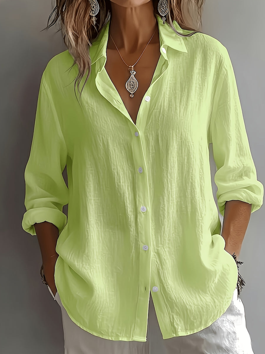 Women's Elegant Lapel Shirt, Loose Straight Fit with Long Sleeves, Lightweight, Comfortable, and Breathable Fabric, Versatile for Commuting and Casual Wear, Loose Straight Cut Flattering Design, Daily Comfortable and Relaxed Style - Green