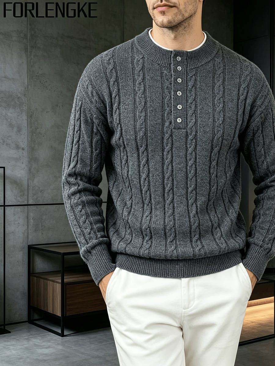 FORLENGKE Autumn and Winter Men's Henry Collar Cable Knit Sweater with a Vintage 3D Twist Texture, Half-High Neck Long Sleeve Pullover, Exquisite Half-Button Design, Perfect for Casual Layering or Wearing Alone for Everyday Outings or Dates - Grey