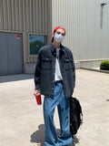 Men'S Loose Fit Lazy Style Denim Shirt, 4 Colors Plus Size Solid Jacket - Soot Black