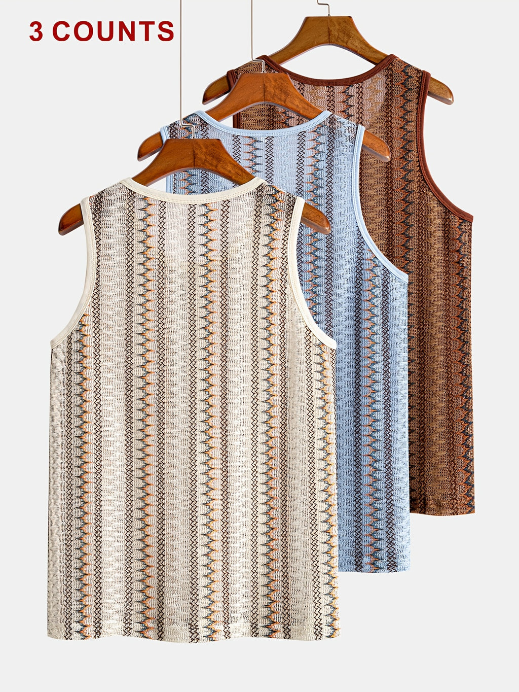 3 Counts Men'S Retro Striped Hollow Out Breathable Knit Tank Tops, Sleeveless Crew Neck Casual Vest Shirts for Summer Beach Workout Street Loungewear - apricot + blue + brown