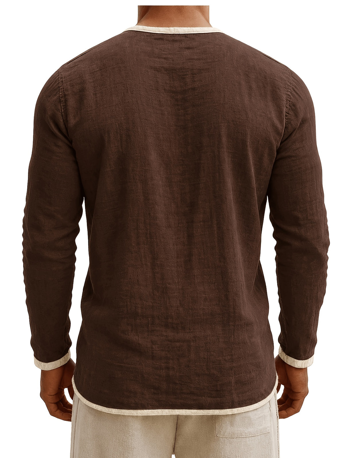 Men'S Retro Color Block Casual Henley Crewneck T-Shirt in Linen, Vintage T-Shirt for Men - Dark Brown
