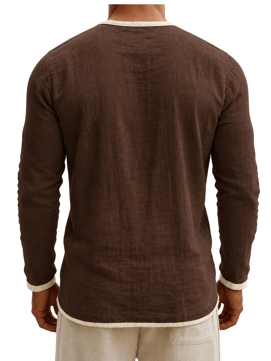 Men'S Retro Color Block Casual Henley Crewneck T-Shirt in Linen, Vintage T-Shirt for Men - Dark Brown