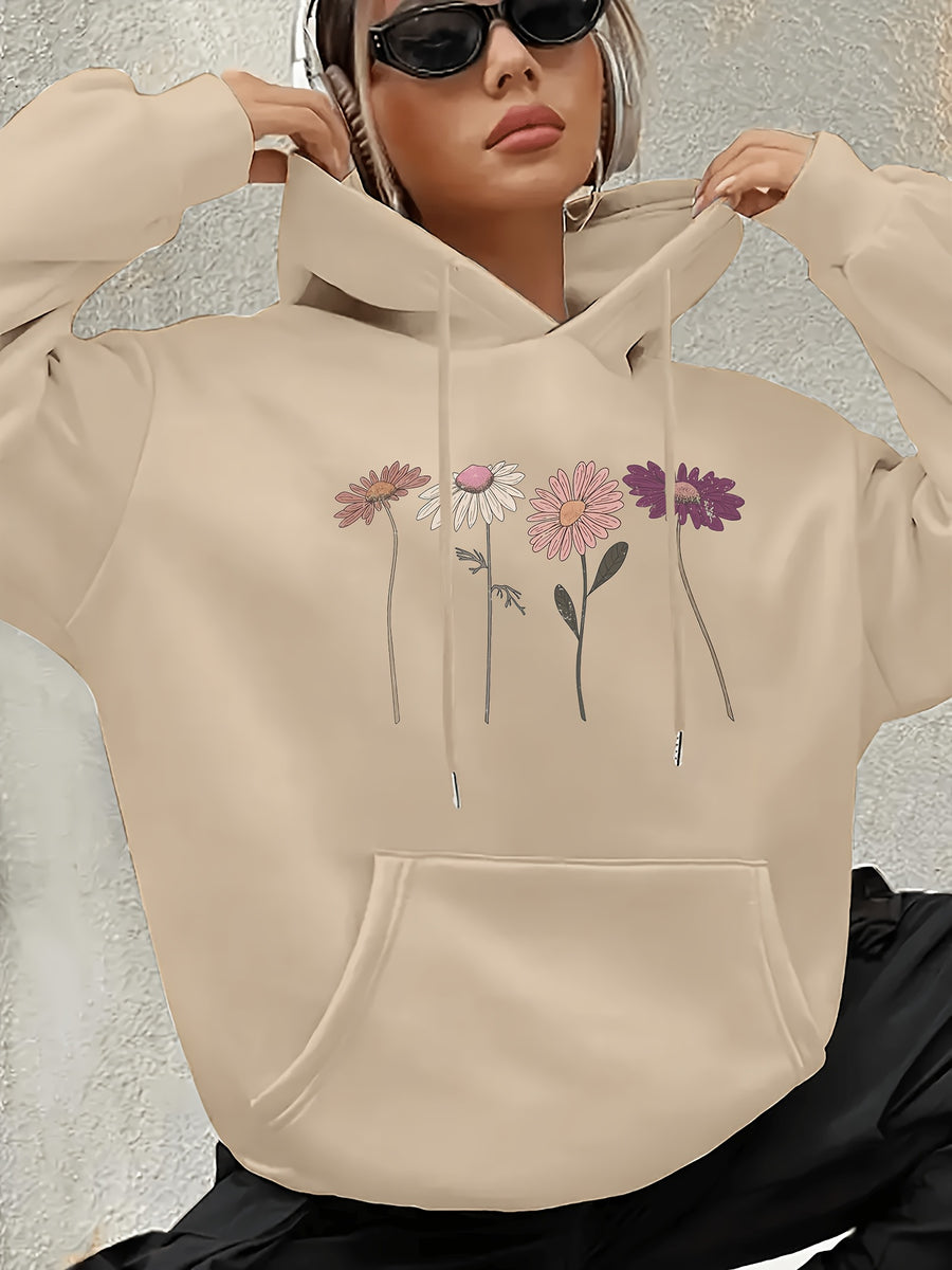 Women's Fashion Four Flower Print Casual Hooded Sweatshirt - Khaki