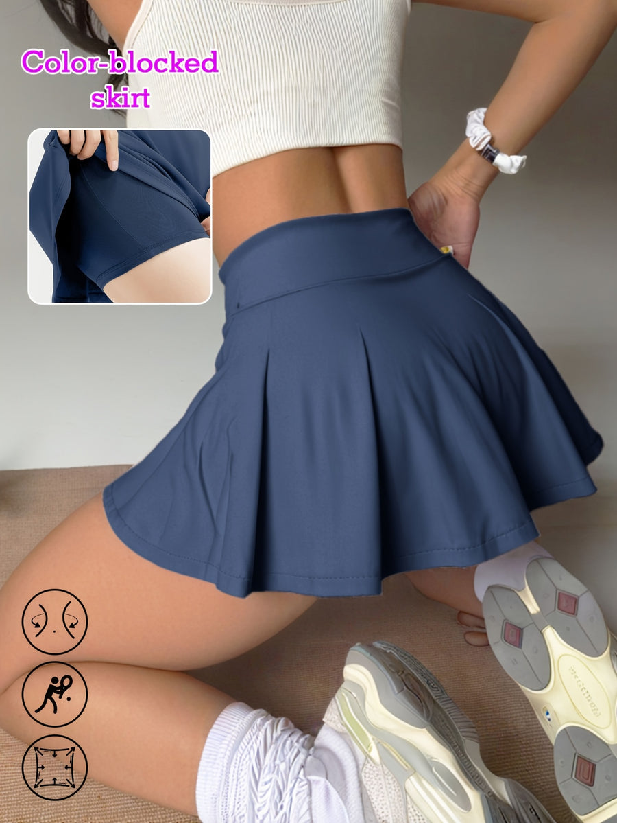 Women's Sports Skirt Colorblocking Design Women's Clothes Anti-glare Stretch Fit High-waisted Belly Lining Suitable for Casual Sports Running - Navy Color