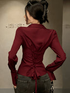 Elegant Women'S Solid Color Shirt, Back Long Sleeve Blouse, Suitable for All Seasons - Deep Red