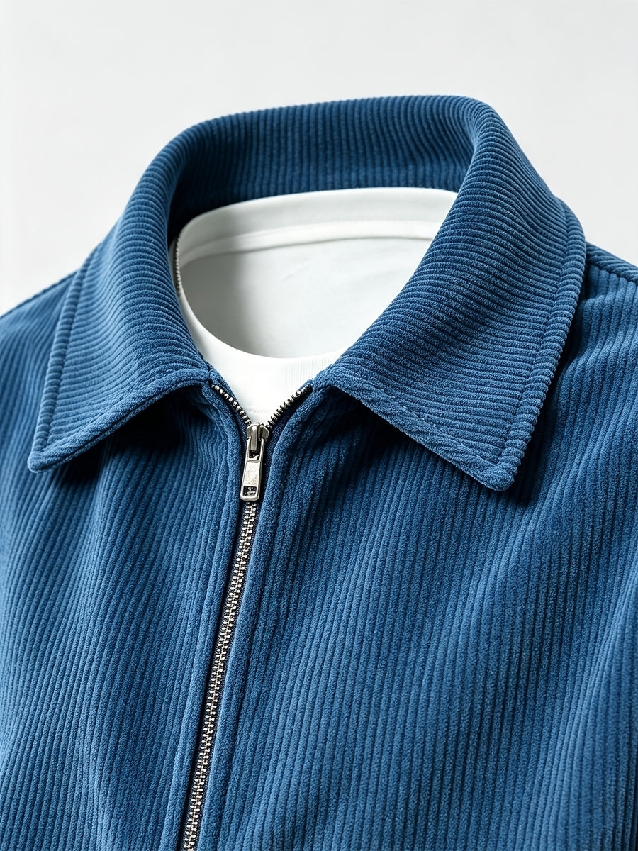 AOMDOTB Men's Corduroy Baseball Jacket - Preppy Collar Zipper Jacket with Chest Label Design & Double-Side Pockets, Solid Color Corduroy Outerwear Suitable for Daily Commuting, School, Back-to-School Outfits (for Teen) - Vibrant Blue