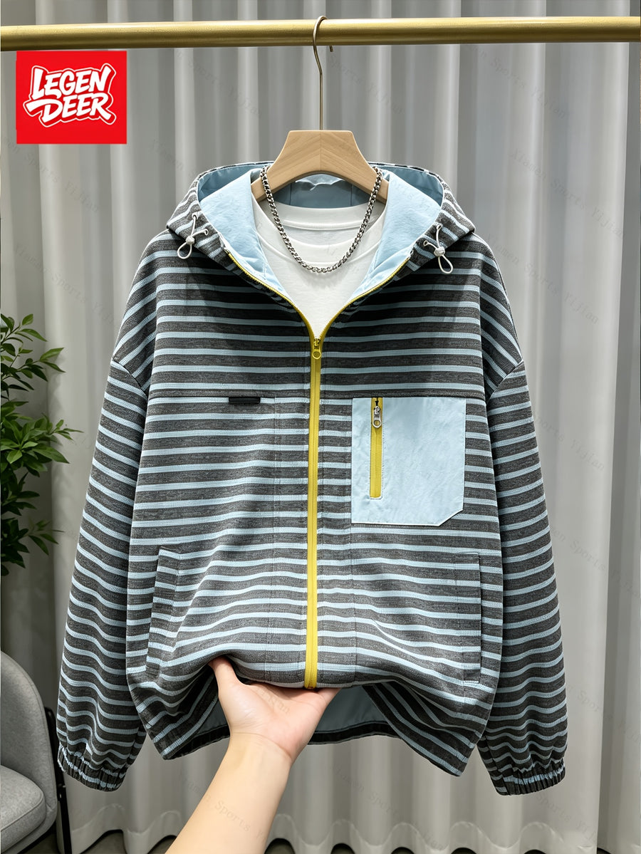 New 2026 Retro Premium Men'S Striped Jacket Texture Preppy Casual Hooded Coat Top - Vintage Blue