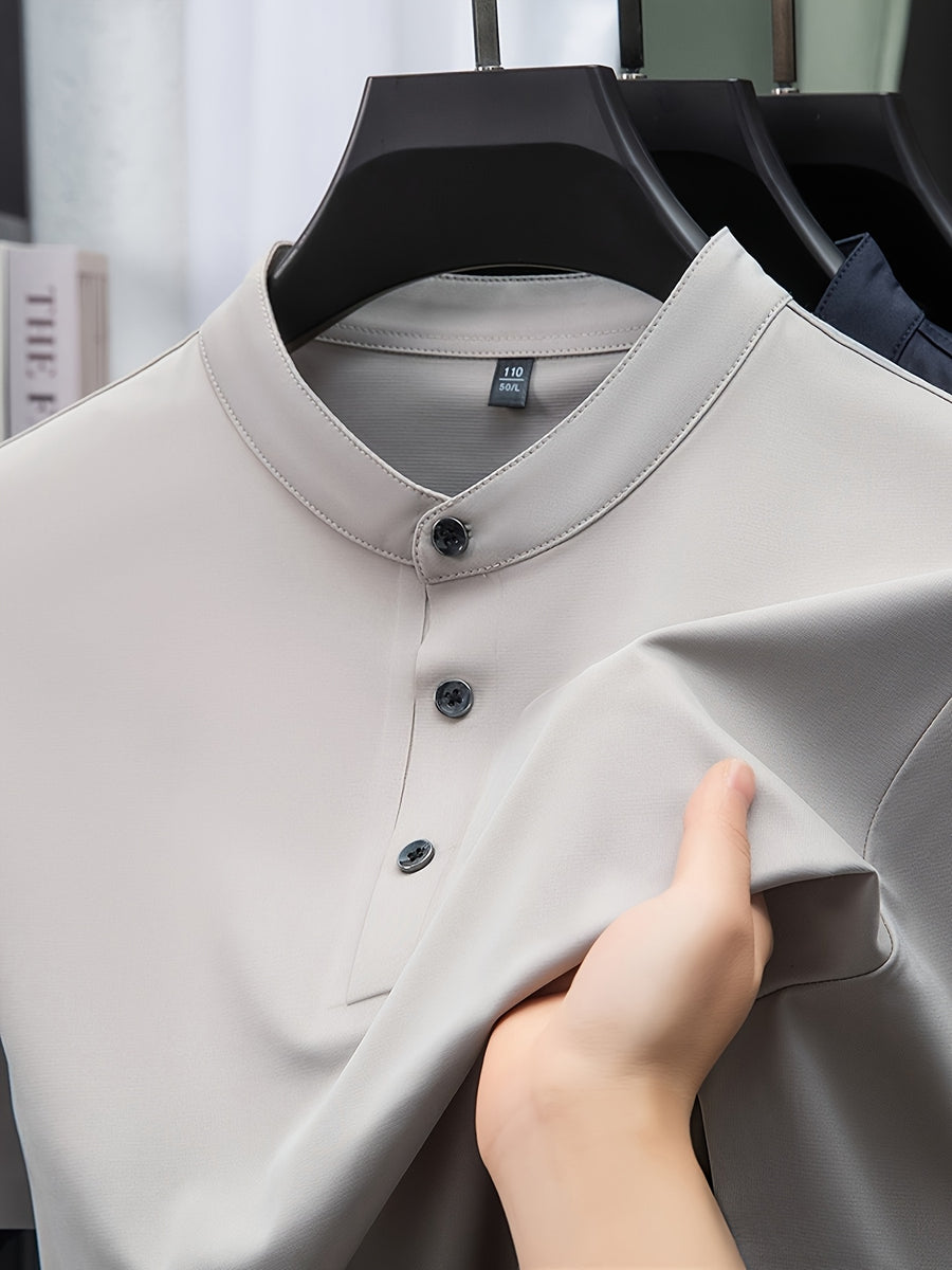 Joshime OBM Men's T-Shirt, New Summer Style, Men's Stand Collar Solid Color Short Sleeve Tee, Middle-Aged Casual Half-Sleeve T-Shirt - Beige Color