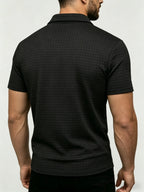 Men's Waffle Knit Half-Zip Polo Shirt, Loose Fit Solid Color Versatile Short Sleeve - Black