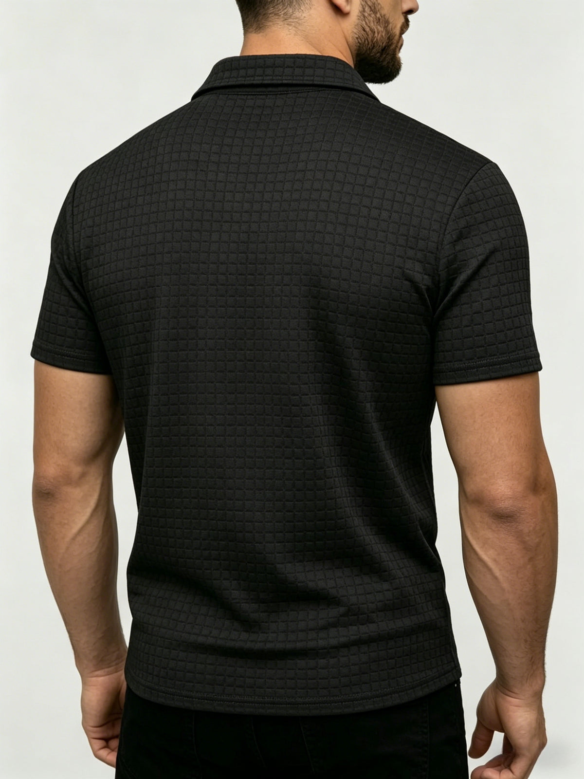 Men's Waffle Knit Half-Zip Polo Shirt, Loose Fit Solid Color Versatile Short Sleeve - Black