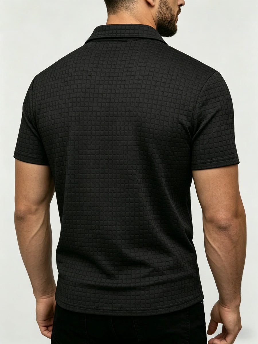 Men's Waffle Knit Half-Zip Polo Shirt, Loose Fit Solid Color Versatile Short Sleeve - Black