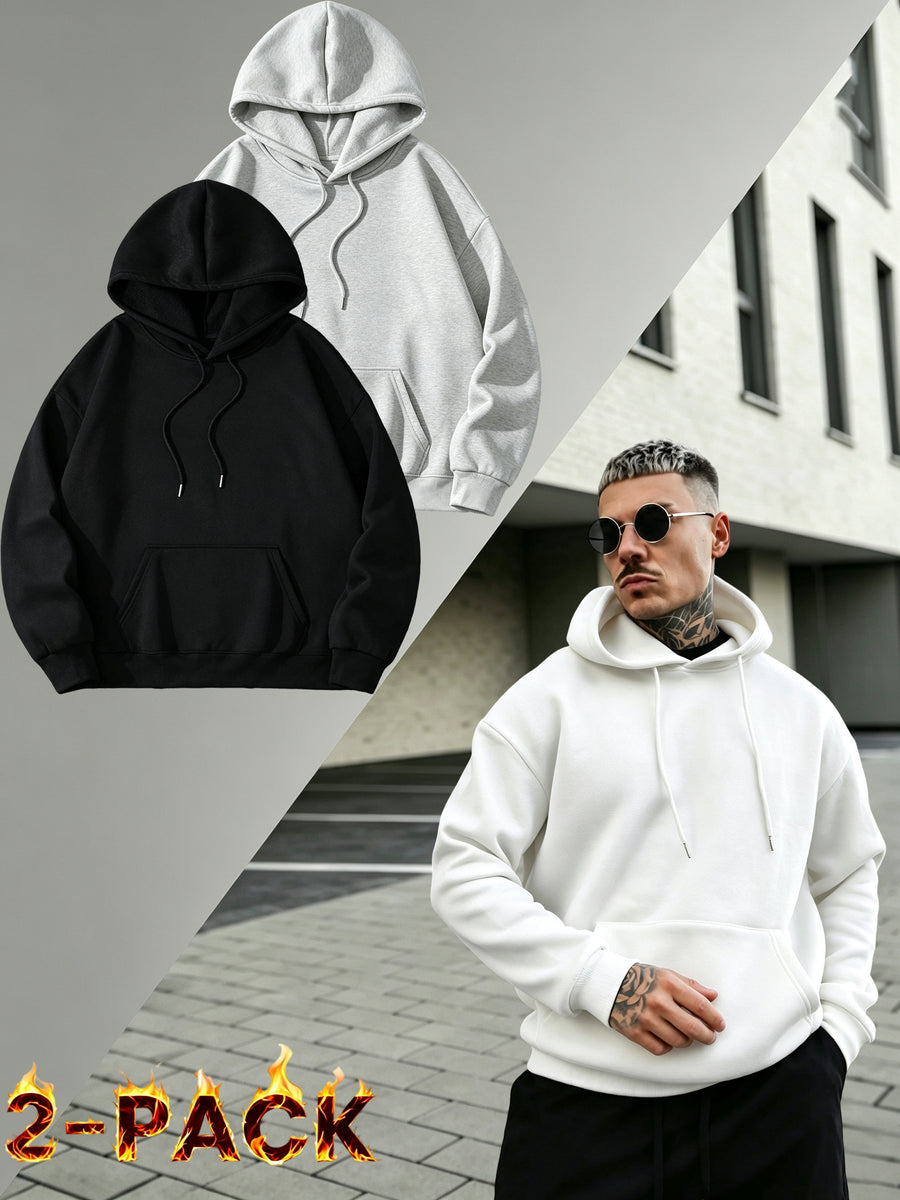 2PIECESMen's Solid Color Drop-shoulder Long-sleeve Drawstring Pocket Casual Outdoor Street Fashion Hoodie, Suitable for Autumn and Winter, Back-to-school Season - Black+Grey