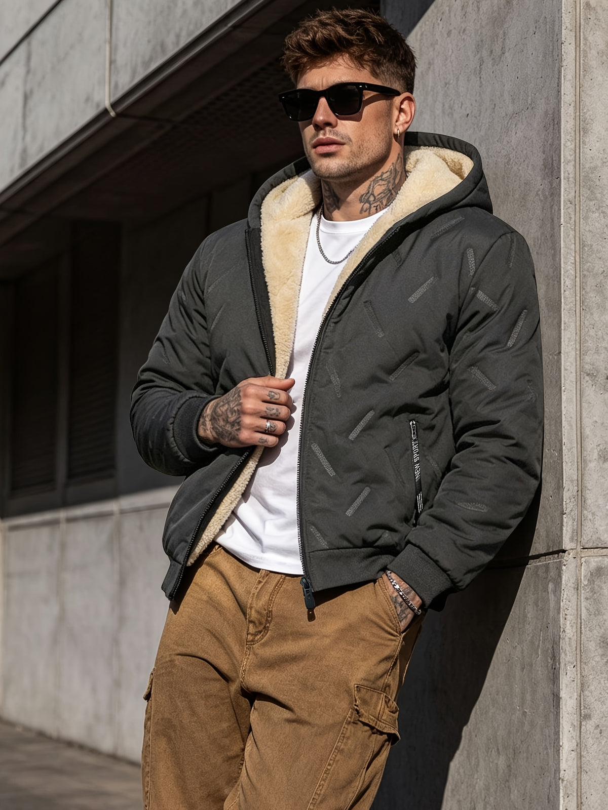 CWPKF Men's Winter Hooded Windproof Jacket with Padded & Zippered Pockets - Thickened Warm Coat Suitable for Weather, Machine Washable Hooded Outerwear for Daily Commute, Outdoor Activities, Gift Choice (Regular Fit) - Grey