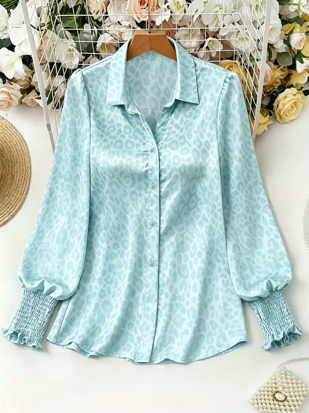 Plus Size, Plus-size Women's European and American Style Satin Leopard Print Office Blouse, Elegant Commuting T-shirt, Machine Washable, Top Suitable for Casual Outings and Office Wear - Azure
