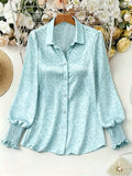 Plus Size, Plus-size Women's European and American Style Satin Leopard Print Office Blouse, Elegant Commuting T-shirt, Machine Washable, Top Suitable for Casual Outings and Office Wear - Azure