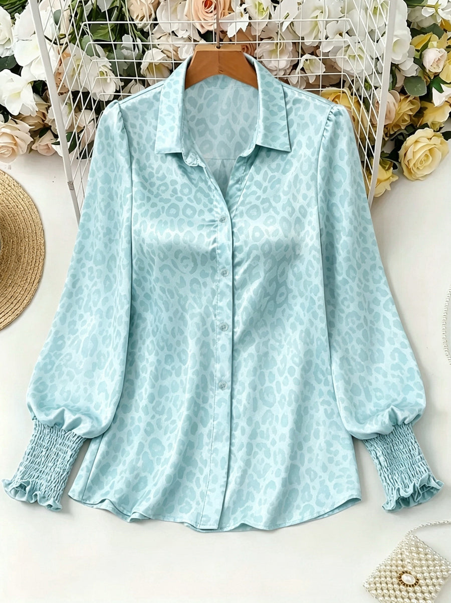Plus Size, Plus-size Women's European and American Style Satin Leopard Print Office Blouse, Elegant Commuting T-shirt, Machine Washable, Top Suitable for Casual Outings and Office Wear - Azure