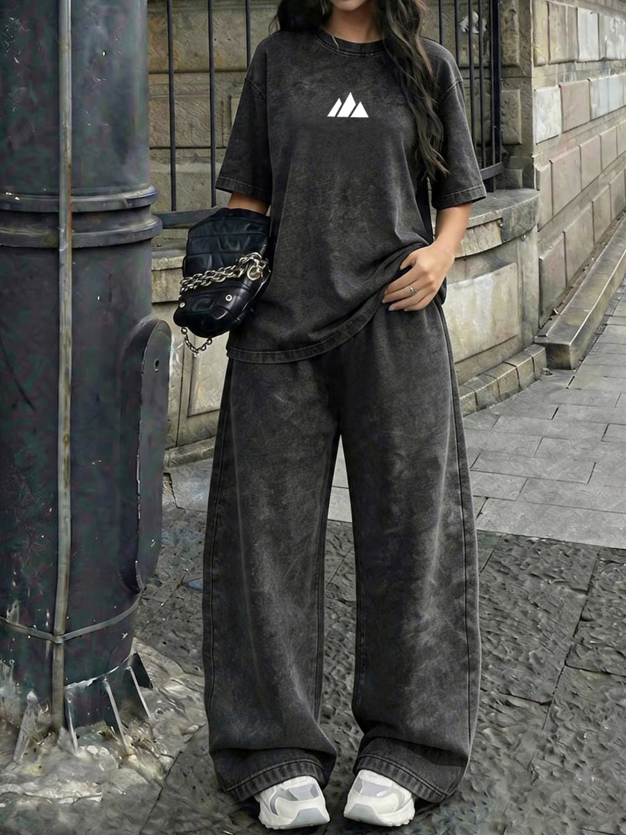 Drawing Print Washed Retro Short Sleeved Pants Set, Casual Street Fashion Daily Wear, Suitable for Spring And Summer Wear Washed Short Sleeved Pants Set - Deep Grey