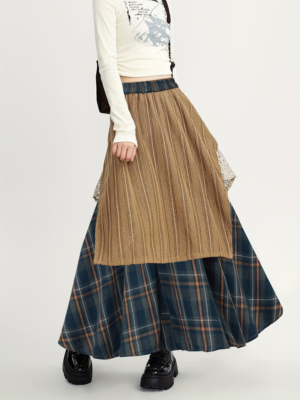 Autumn And Winter Midi Skirt Ankara Red Ethnic Style Women'S Elastic Waist Long Skirt Patchwork Irregular Color Block A-Line Skirt - Navy Color