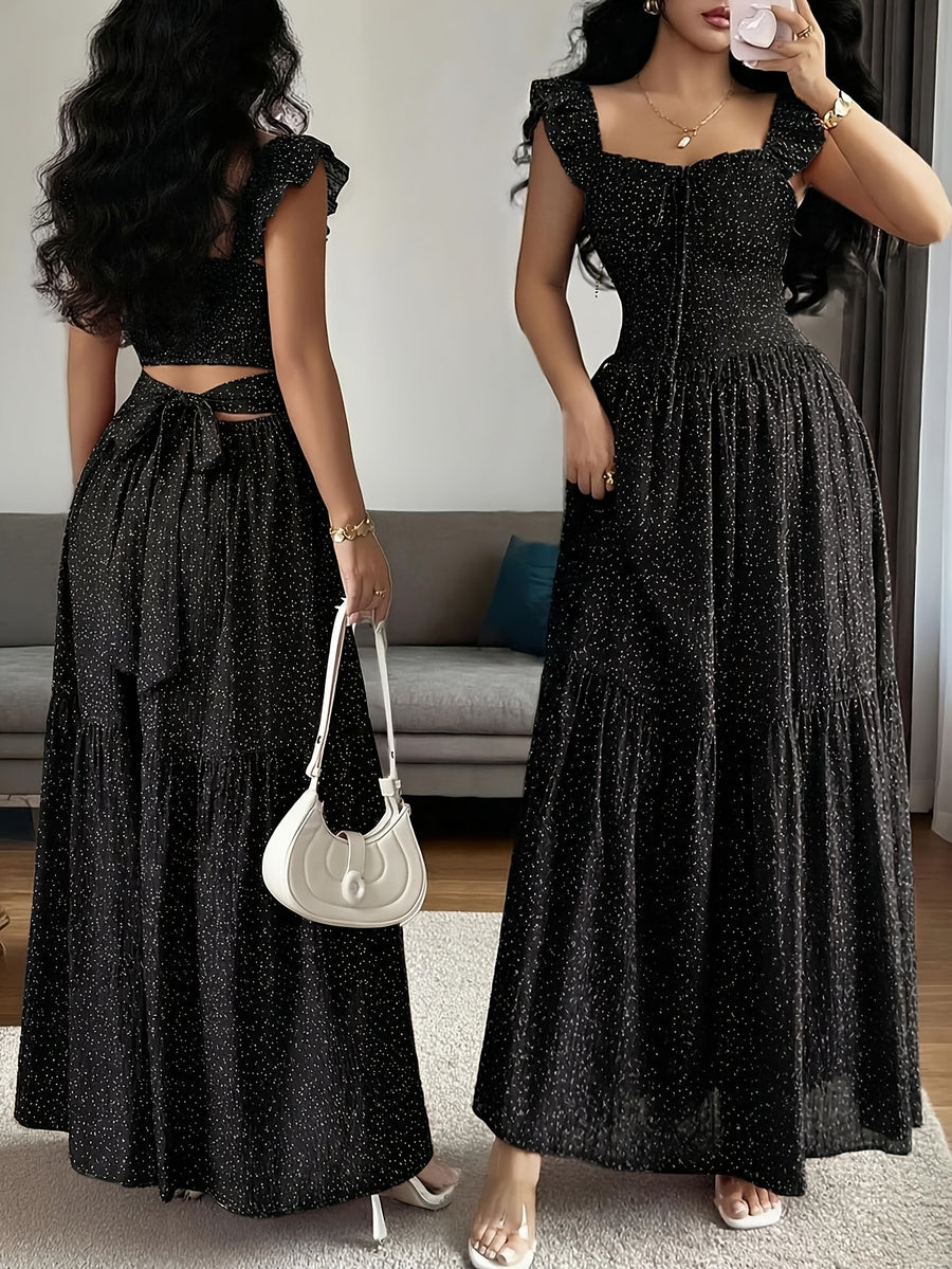 Vintage Red Polka Dot Square Neckline Ruffle Hem Dress with Backless Bow Waist Tie and Flared Skirt, Vacation Style Women's Dress - Black