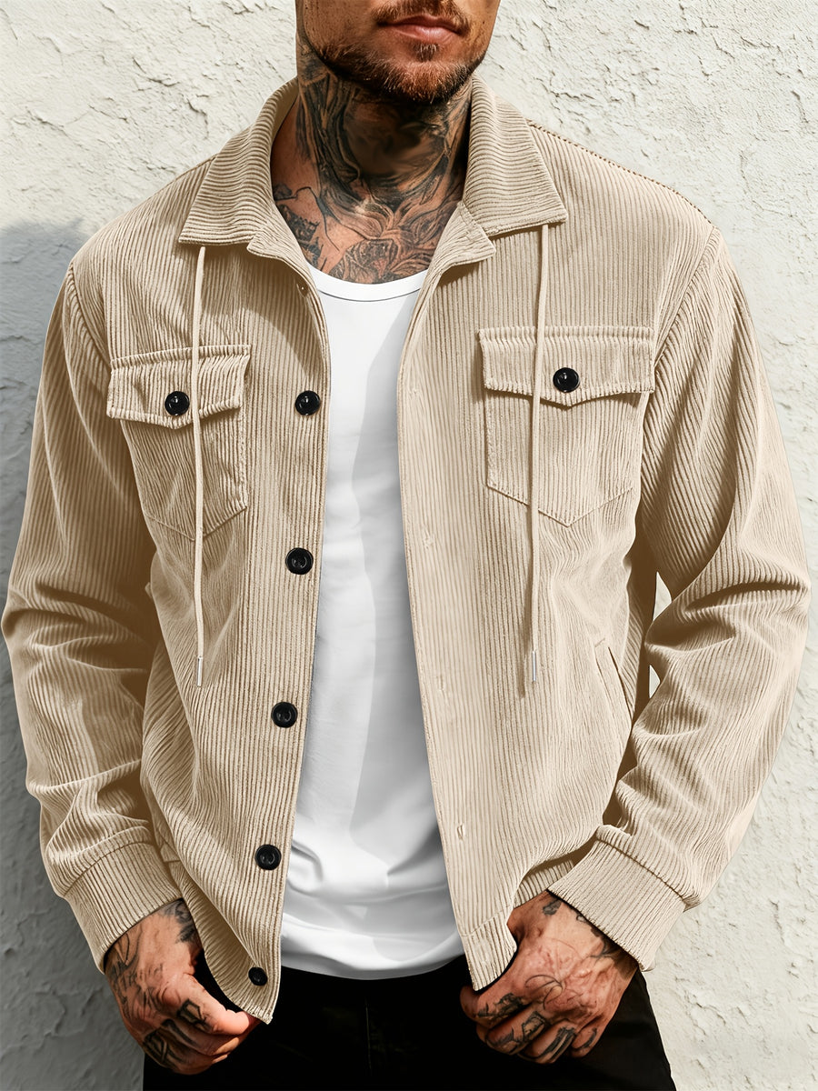 Men'S Corduroy Button-Up Shirt with Pocket And Drawstring Detail, Casual Long Sleeve Blouse for Daily Street Style, Gift Idea - Apricot