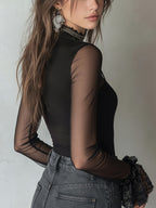 Ladies T-shirt with Net Lace Cuffs Fashionable Top - Black