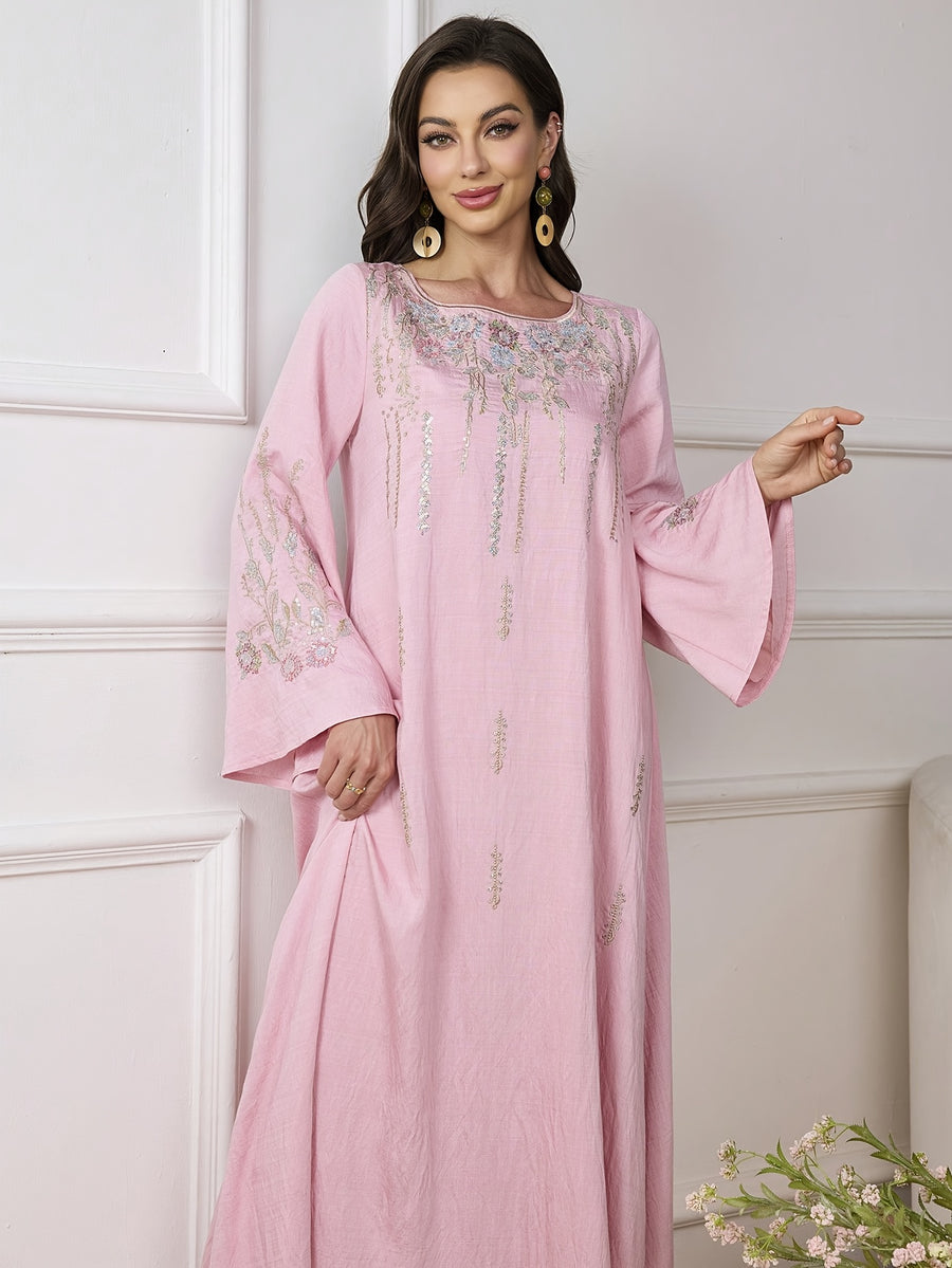 Al Najma Women ElegantEmbroidered Dress, MinimalistFashion Casual Daily Wear, Modest Kaftan - Pink Color