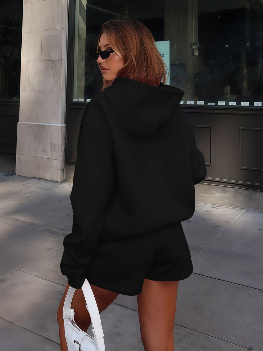 Mountain, Autumn Winter Women'S Fleece Thick Warm Hooded Sweatshirt And Shorts Set, Casual Outdoor Loose Comfortable Casual Sports All-Match Two-Piece Set - Black