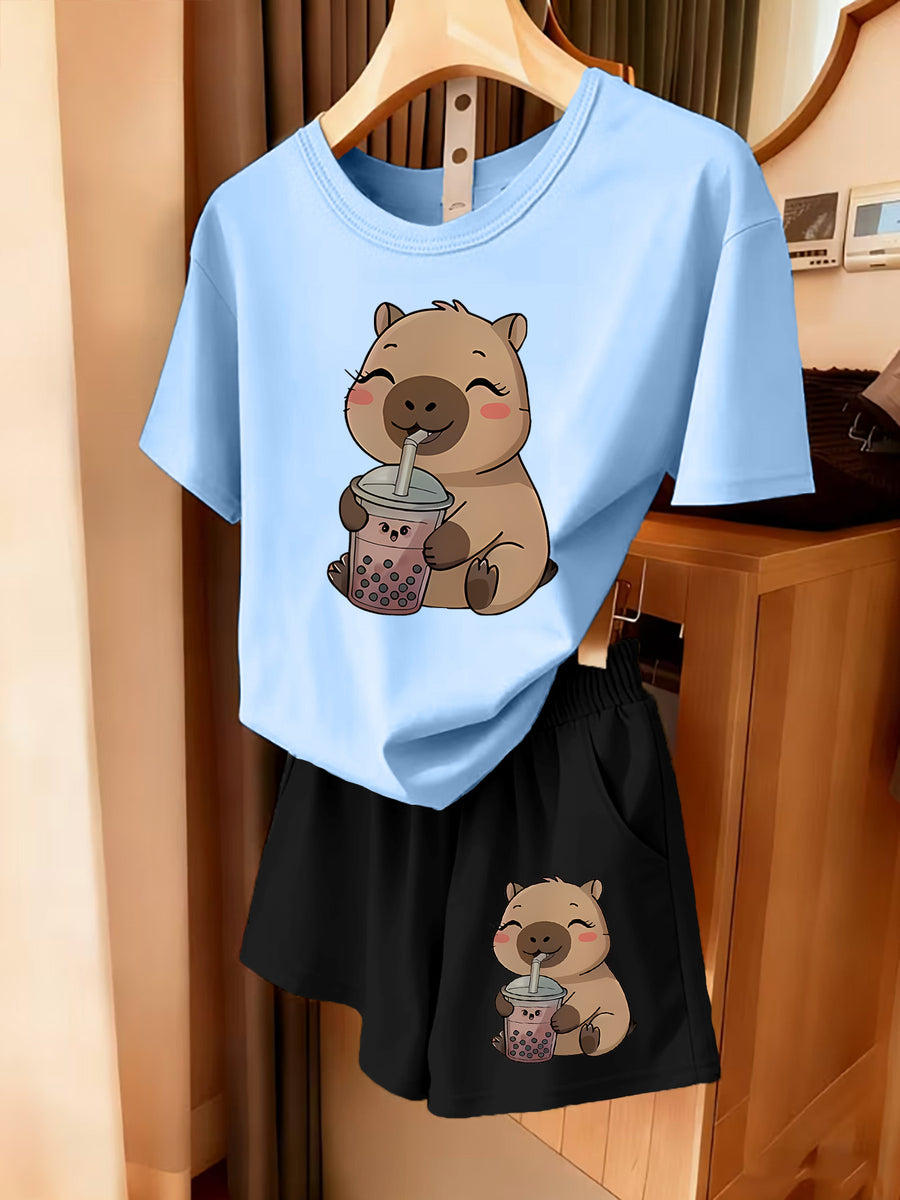 2pcs Women's Spring Summer Short Sleeve & Shorts Matching Outfit - Capybara Print Pajamas Gym Wear Sleepwear, Soft Breathable Pajamas, Valentine's Day Gift, Machine Washable 2pcs Set - Sky Blue+Black