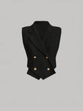Women'S Casual Solid Color Double-Breasted Vest Jacket - Black