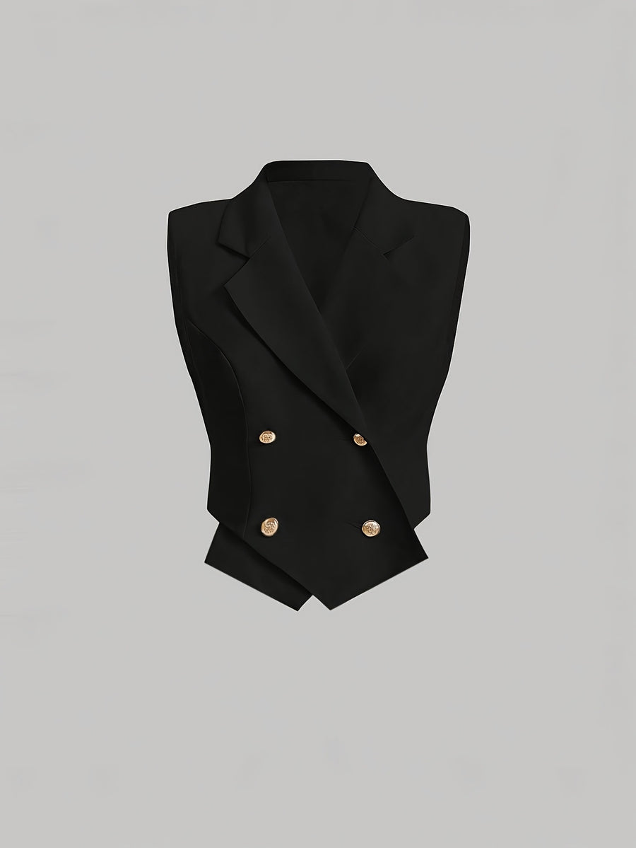 Women'S Casual Solid Color Double-Breasted Vest Jacket - Black
