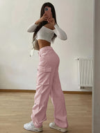 Designer Cargo Pants with Flap Pockets, Women's Elegant Casual Solid-color Trousers, Women's Pants - pink
