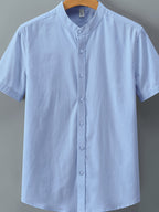 Single-piece Solid-colored Men's Short-sleeved Shirt, Classic Button-up Cardigan Style, Loose and Unrestricted, Available in Multiple Colors, Suitable for Office Wear, Casual Outings, and More. - Sky Blue