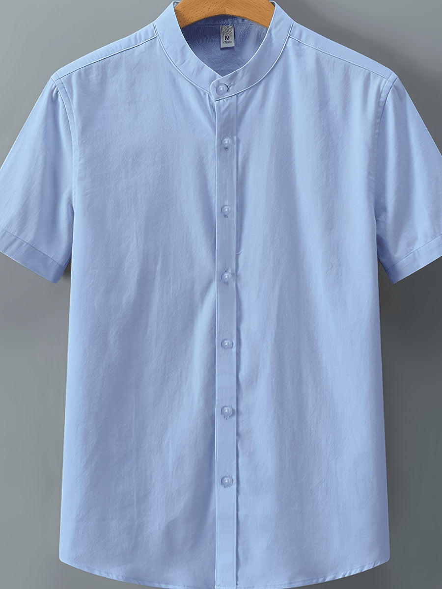 Single-piece Solid-colored Men's Short-sleeved Shirt, Classic Button-up Cardigan Style, Loose and Unrestricted, Available in Multiple Colors, Suitable for Office Wear, Casual Outings, and More. - Sky Blue