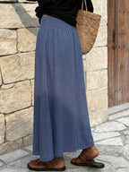 Women's Solid Color Minimalist Fashion Versatile Casual Waist Pleated A-Line Skirt with Faux Pocket Design, Navy Blue Elegant and Flowy A-Line Maxi Skirt, Textured Fabric, Suitable for Summer Beach Vacation, Casual Bohemian Style Daily Wear - Blue