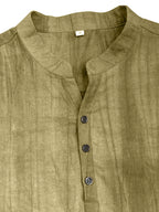 Men'S Summer Casual Henley Shirt, Preppy Style Thin Stand-Up Collar Short Sleeve T-Shirt, Retro Crinkle Ramie Pullover Men'S Top - Yellow