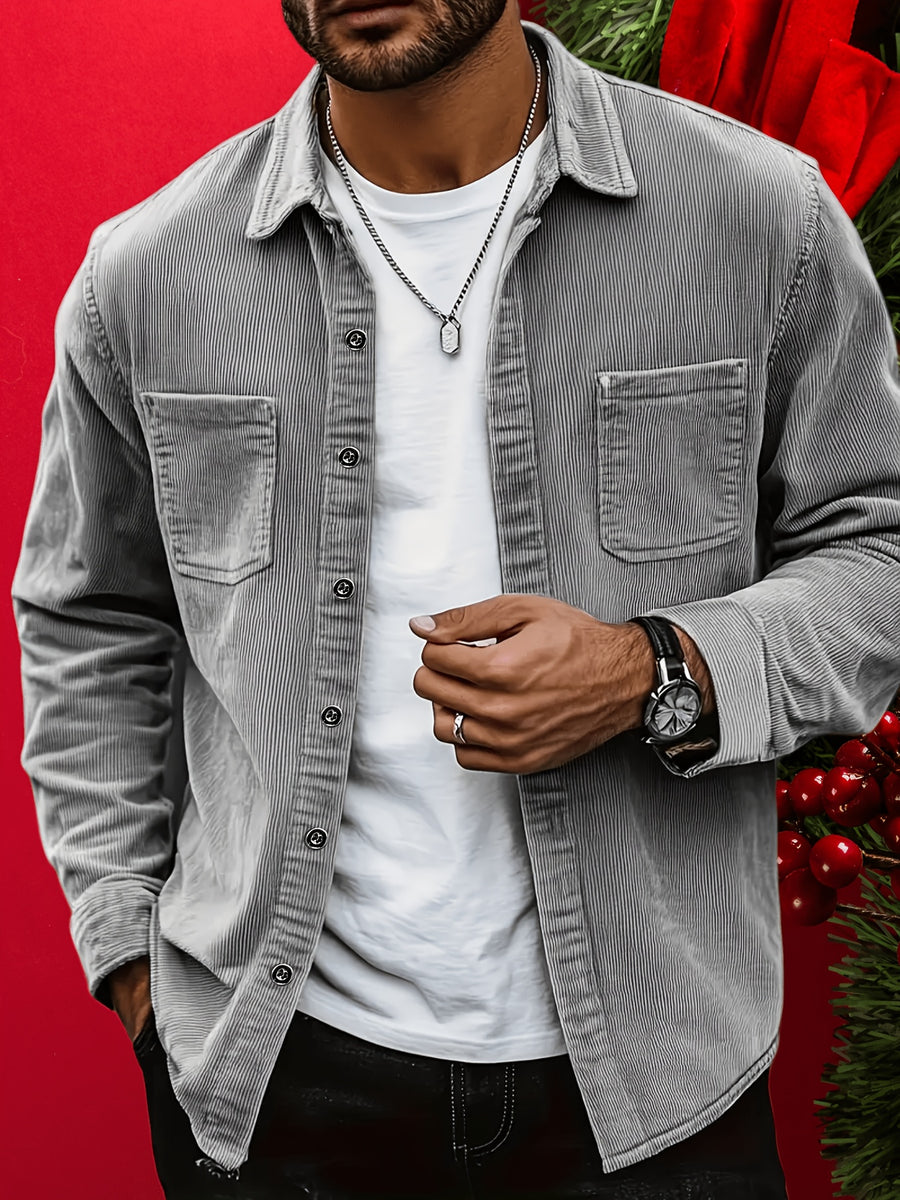 Men's Corduroy Shirt, New Spring/autumn/winter Men's Shirt Jacket, Lapel Collar with Solid Color Snap Button Design, Suitable for Casual Style - Grey