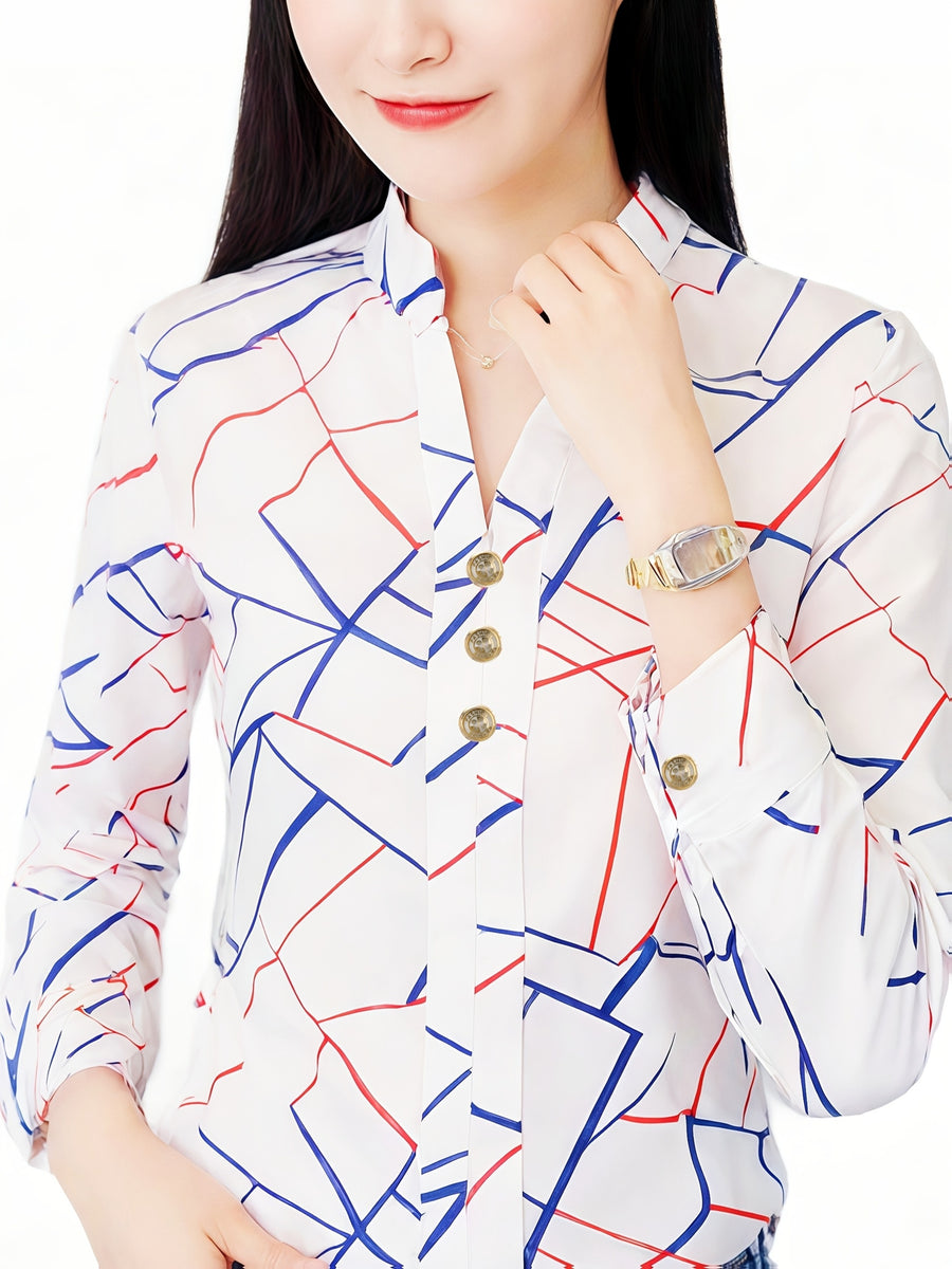 An Elegant Long-Sleeve Shirt for Women Featuring a Striped Print, a Small Stand Collar, And Exquisite Buttons, Perfect for Commuting And Daily Outings in Spring And Summer. A Beautiful Women'S Shirt, Summer Top, Long-Sleeve V-Neck, Stylish Blouse - Stripes