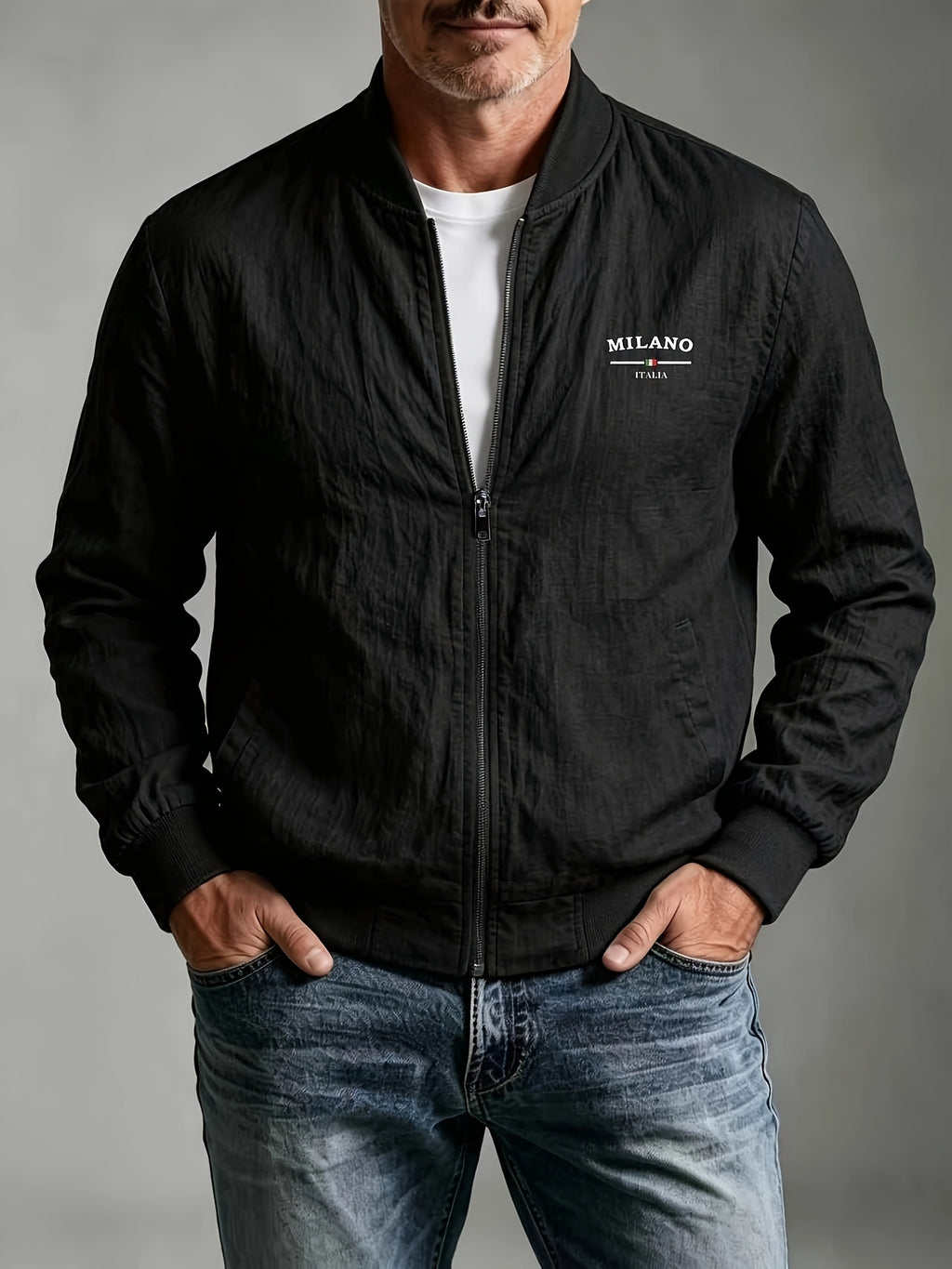 Spring Summer Linen Washed Pleated Baseball Collar Jacket Men'S MILANO Letter Print Thin Breathable Coat Middle-Aged Dad Loose Zipper Cardigan Multi-Color Versatile Commute Casual Outerwear Baseball Uniform Top, Transitional Bomber Jacket - Black