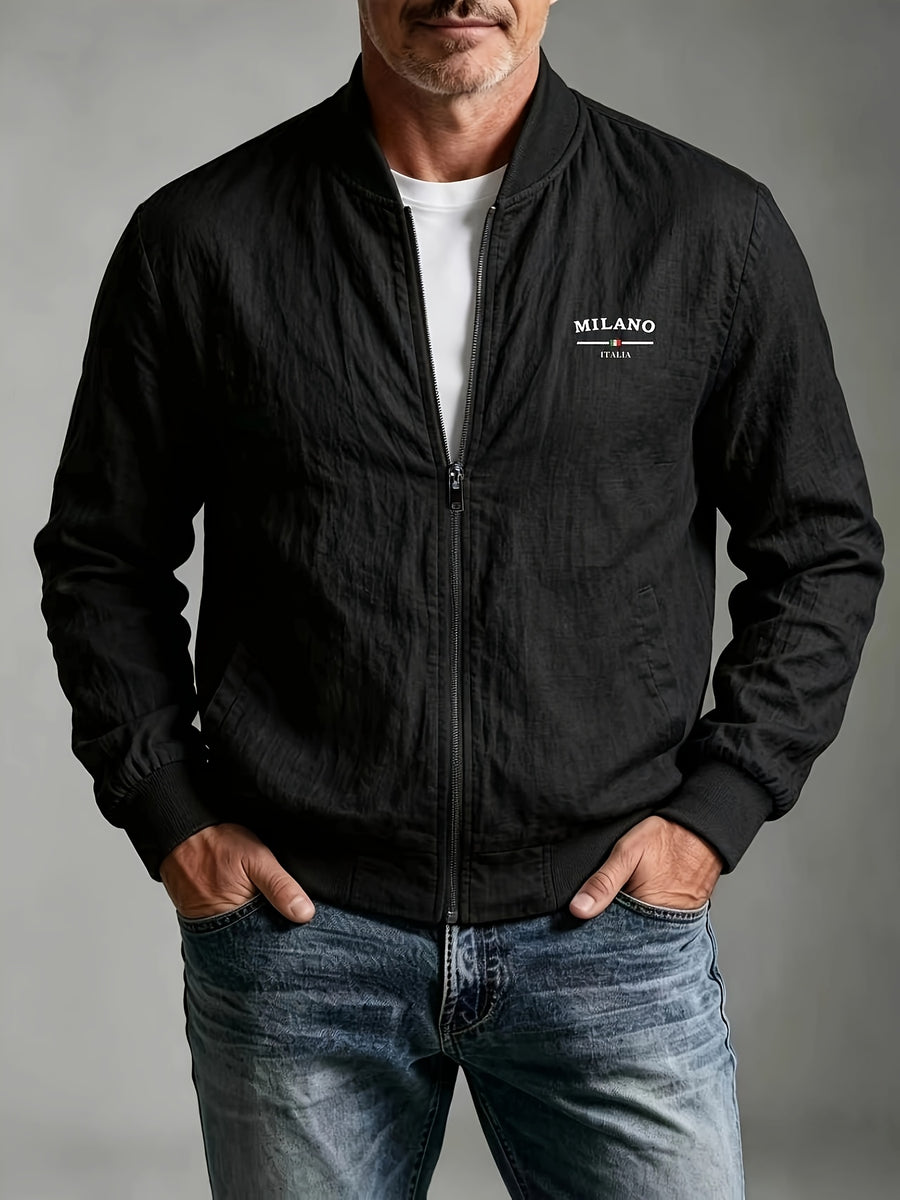 Spring Summer Linen Washed Pleated Baseball Collar Jacket Men'S MILANO Letter Print Thin Breathable Coat Middle-Aged Dad Loose Zipper Cardigan Multi-Color Versatile Commute Casual Outerwear Baseball Uniform Top, Transitional Bomber Jacket - Black