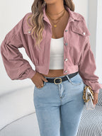 Spring Autumn Casual Vacation Solid Color Single Breasted Lantern Long Sleeve Corduroy Short Coat Women'S Jacket - Pink Color