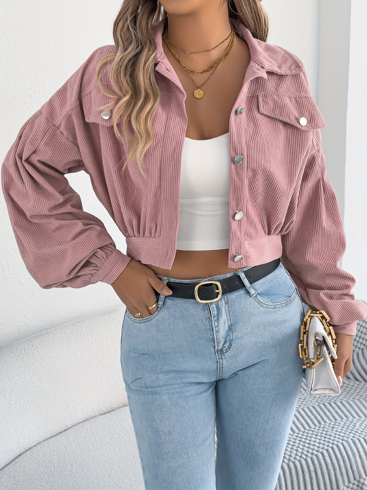 Spring Autumn Casual Vacation Solid Color Single Breasted Lantern Long Sleeve Corduroy Short Coat Women'S Jacket - Pink Color