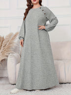 Plus Size, Women's Plus Size Elegant Maxi Dress - Long Sleeve Round Neck H-Line Dress with Wide Hems, All-Season -Length Gown for Weddings, Parties & Casual Attire, Machine Washable (Middle East Collection) - In Stock - Light Grey
