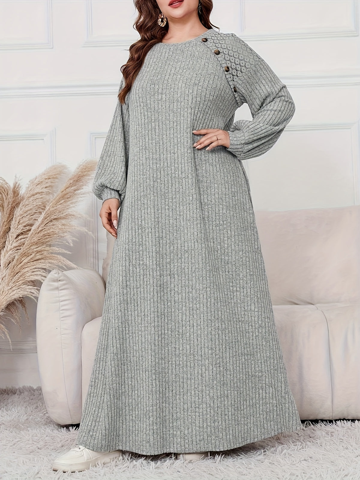 Plus Size, Women's Plus Size Elegant Maxi Dress - Long Sleeve Round Neck H-Line Dress with Wide Hems, All-Season -Length Gown for Weddings, Parties & Casual Attire, Machine Washable (Middle East Collection) - In Stock - Light Grey