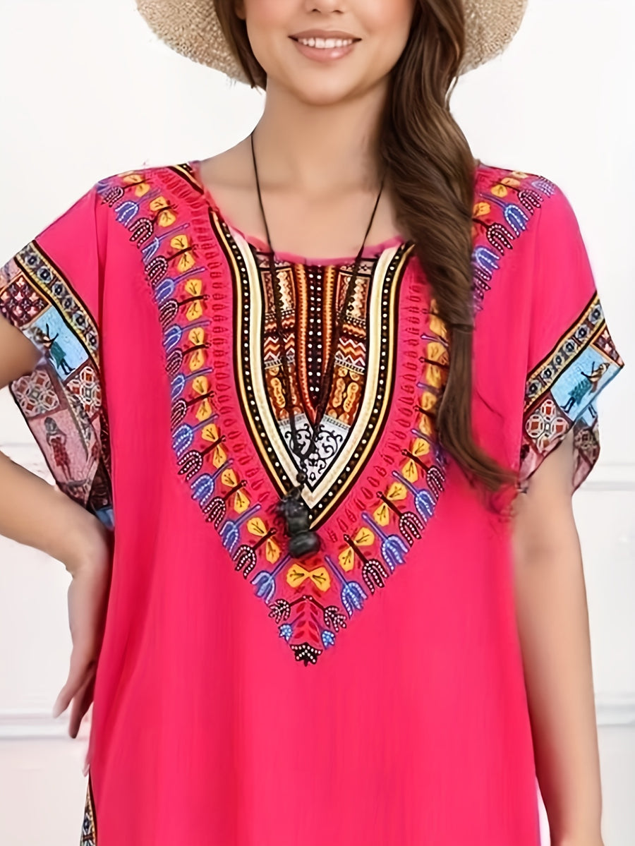 Ethnic Style Dress Summer New Bohemian Style Vacation Batwing Sleeve Dress Loose Beach Dress - Rose Red