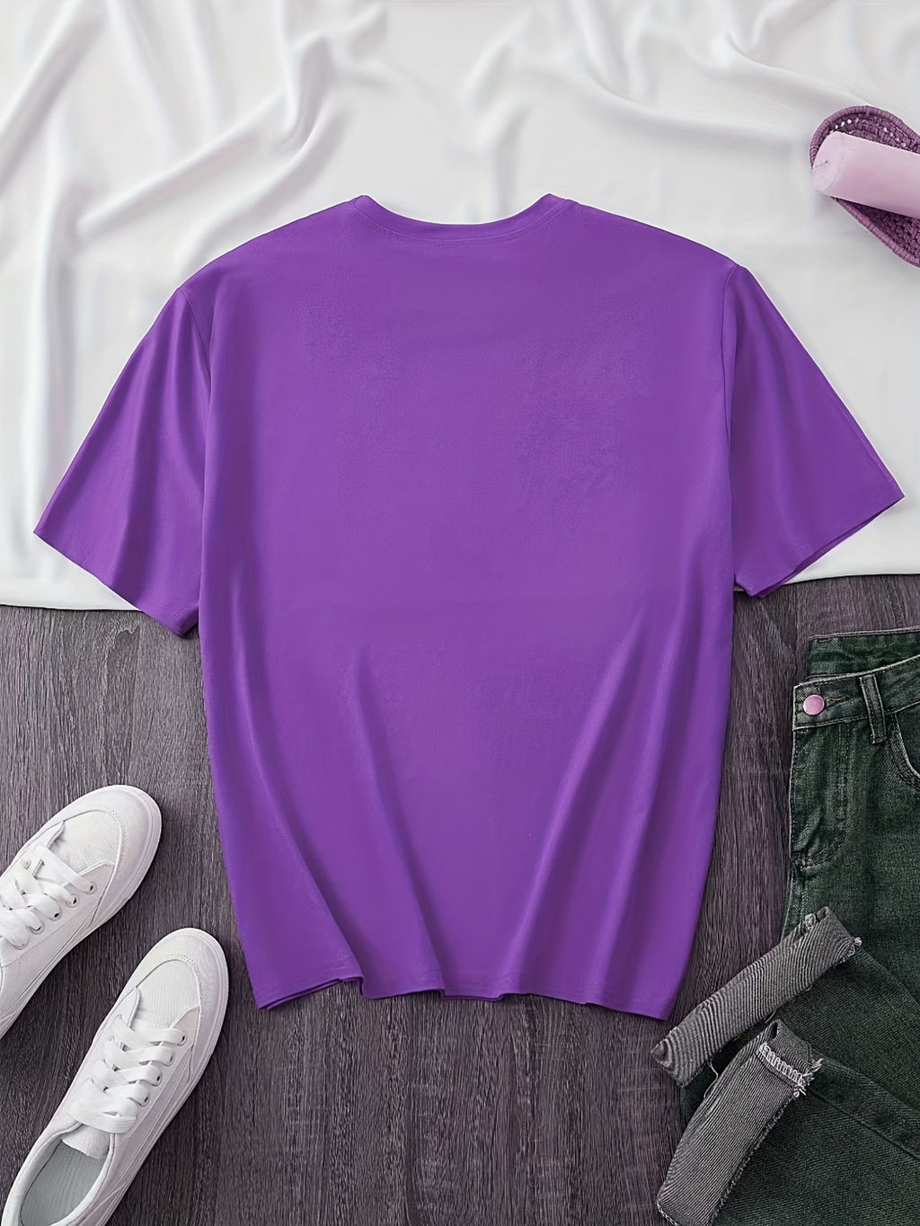 Pattern Print Short Sleeve, Casual Round Neck T-Shirt, Standard Size Women's - Purple