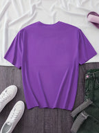 Pattern Print Short Sleeve, Casual Round Neck T-Shirt, Standard Size Women's - Purple