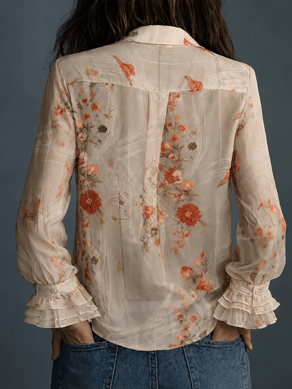 All-Season Floral Print Long Sleeve Shirt, Casual Semi-Transparent Versatile Retro Chiffon Front Button-Up Design, Flared Sleeves, Elegant Fashion Women'S Blouse - Apricot